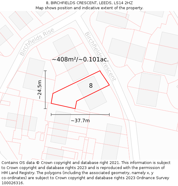 8, BIRCHFIELDS CRESCENT, LEEDS, LS14 2HZ: Plot and title map
