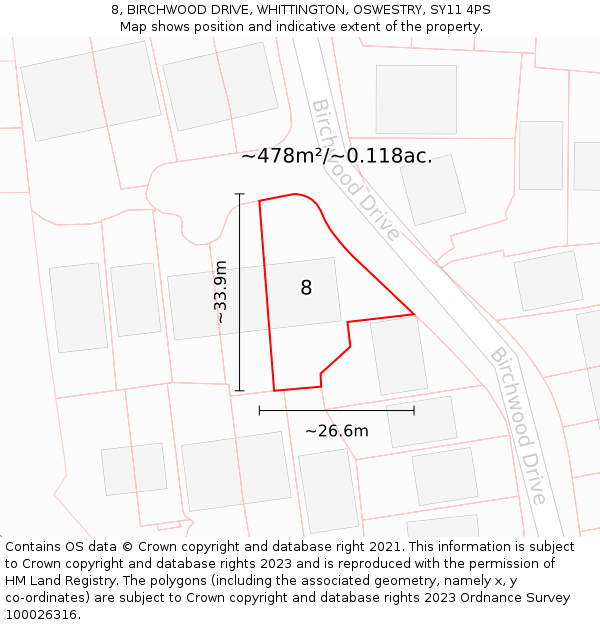 8, BIRCHWOOD DRIVE, WHITTINGTON, OSWESTRY, SY11 4PS: Plot and title map