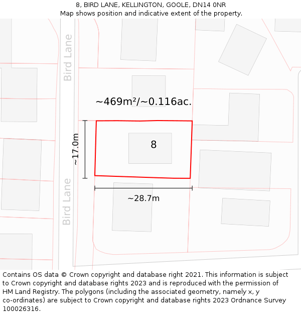 8, BIRD LANE, KELLINGTON, GOOLE, DN14 0NR: Plot and title map