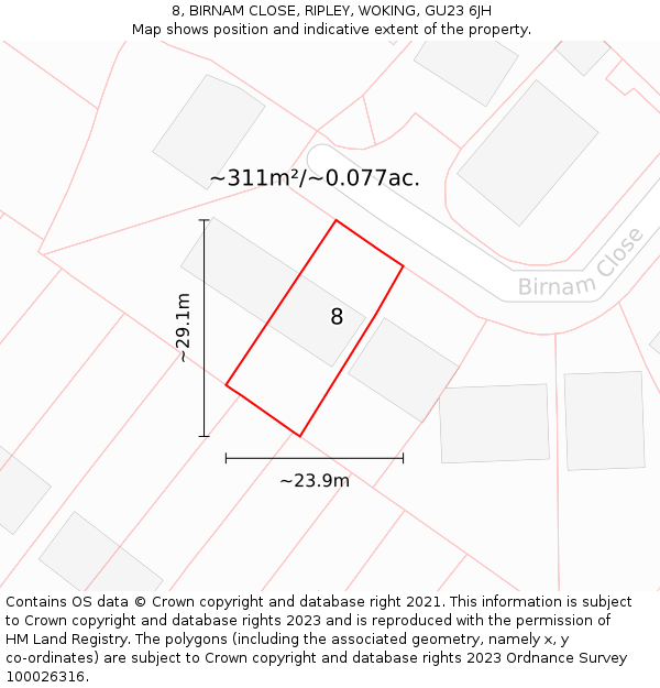 8, BIRNAM CLOSE, RIPLEY, WOKING, GU23 6JH: Plot and title map