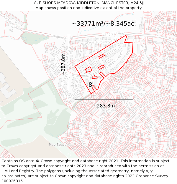 8, BISHOPS MEADOW, MIDDLETON, MANCHESTER, M24 5JJ: Plot and title map