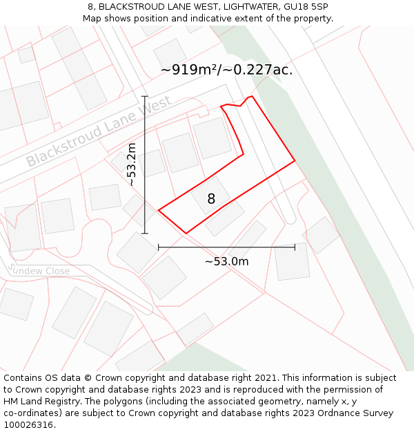 8, BLACKSTROUD LANE WEST, LIGHTWATER, GU18 5SP: Plot and title map