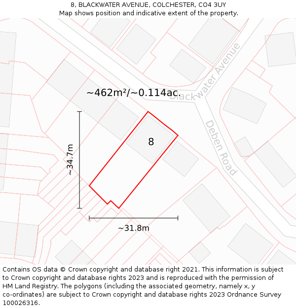 8, BLACKWATER AVENUE, COLCHESTER, CO4 3UY: Plot and title map