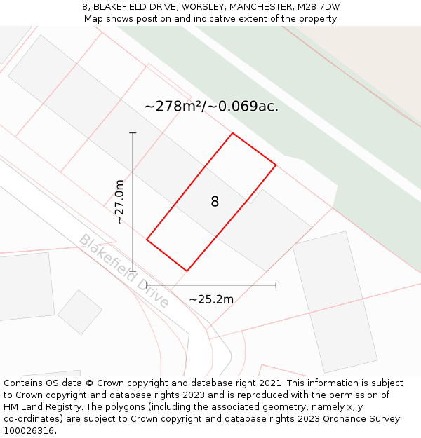 8, BLAKEFIELD DRIVE, WORSLEY, MANCHESTER, M28 7DW: Plot and title map