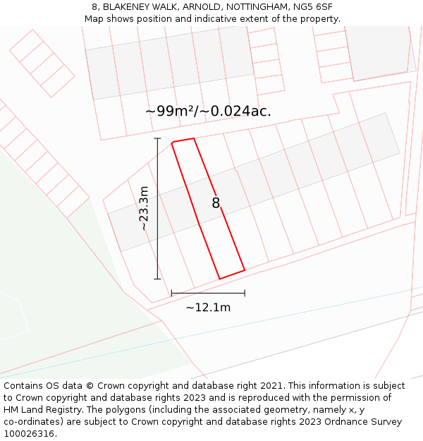 8, BLAKENEY WALK, ARNOLD, NOTTINGHAM, NG5 6SF: Plot and title map