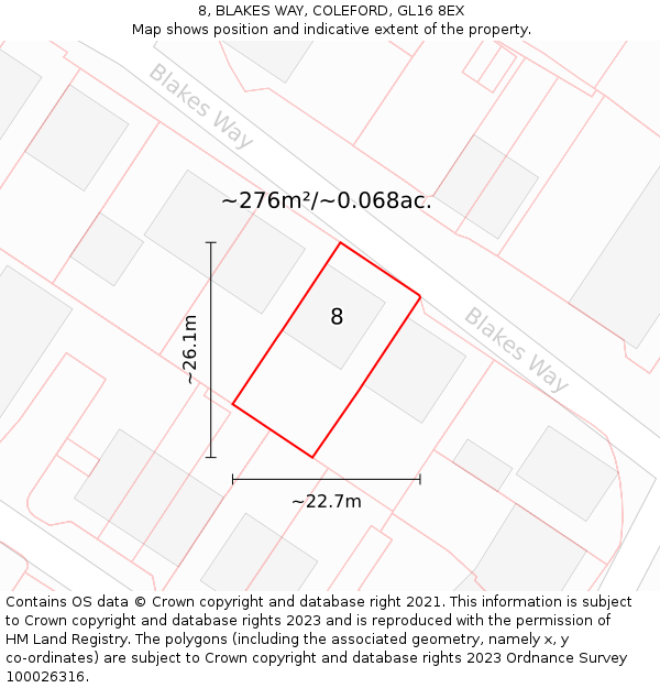 8, BLAKES WAY, COLEFORD, GL16 8EX: Plot and title map