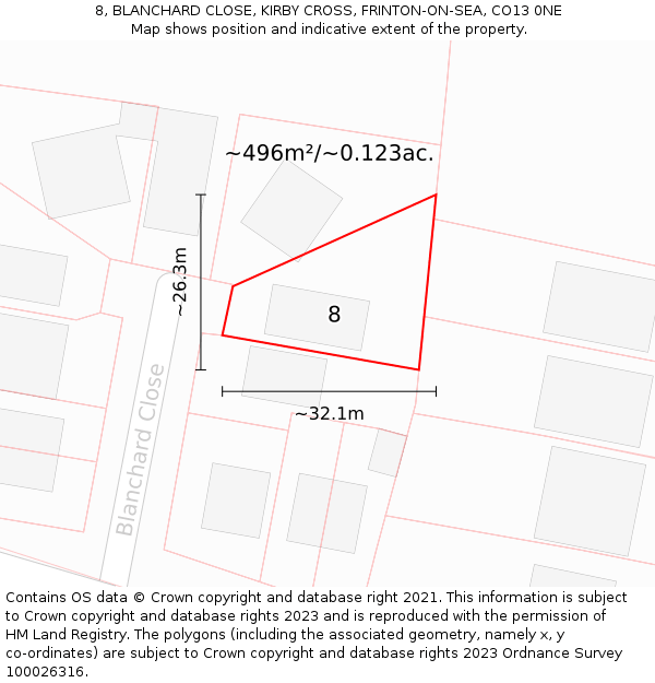 8, BLANCHARD CLOSE, KIRBY CROSS, FRINTON-ON-SEA, CO13 0NE: Plot and title map
