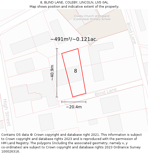 8, BLIND LANE, COLEBY, LINCOLN, LN5 0AL: Plot and title map