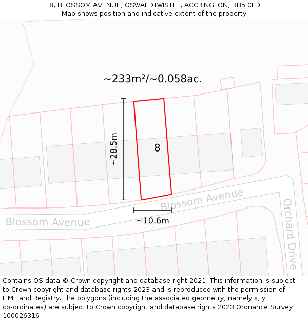 8, BLOSSOM AVENUE, OSWALDTWISTLE, ACCRINGTON, BB5 0FD: Plot and title map