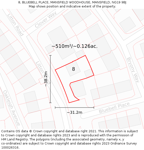 8, BLUEBELL PLACE, MANSFIELD WOODHOUSE, MANSFIELD, NG19 9BJ: Plot and title map