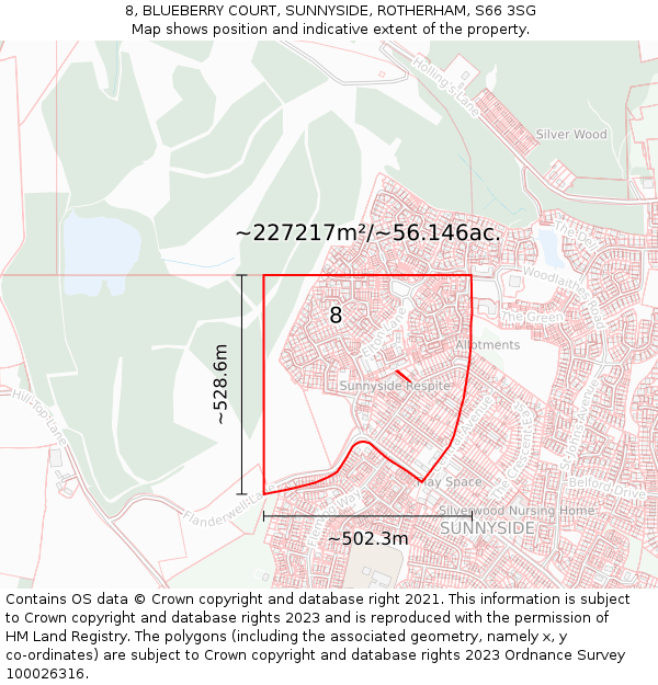 8, BLUEBERRY COURT, SUNNYSIDE, ROTHERHAM, S66 3SG: Plot and title map