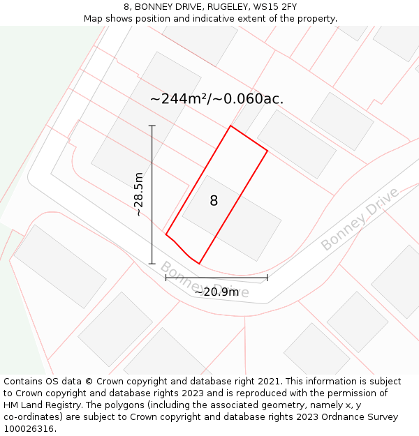 8, BONNEY DRIVE, RUGELEY, WS15 2FY: Plot and title map