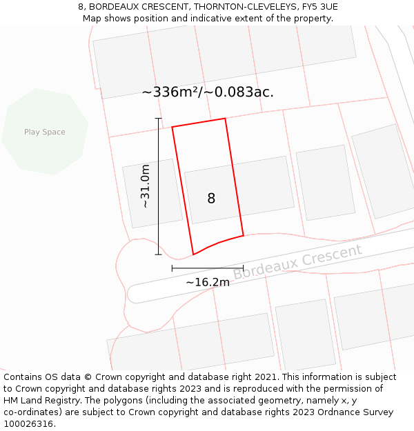 8, BORDEAUX CRESCENT, THORNTON-CLEVELEYS, FY5 3UE: Plot and title map