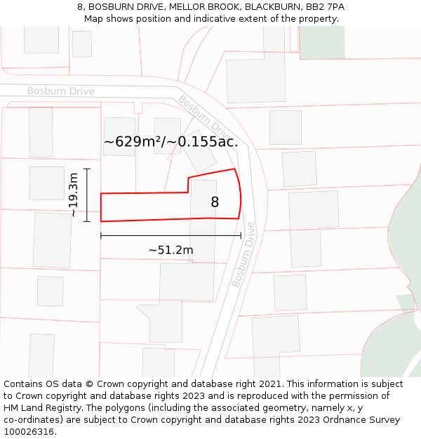 8, BOSBURN DRIVE, MELLOR BROOK, BLACKBURN, BB2 7PA: Plot and title map