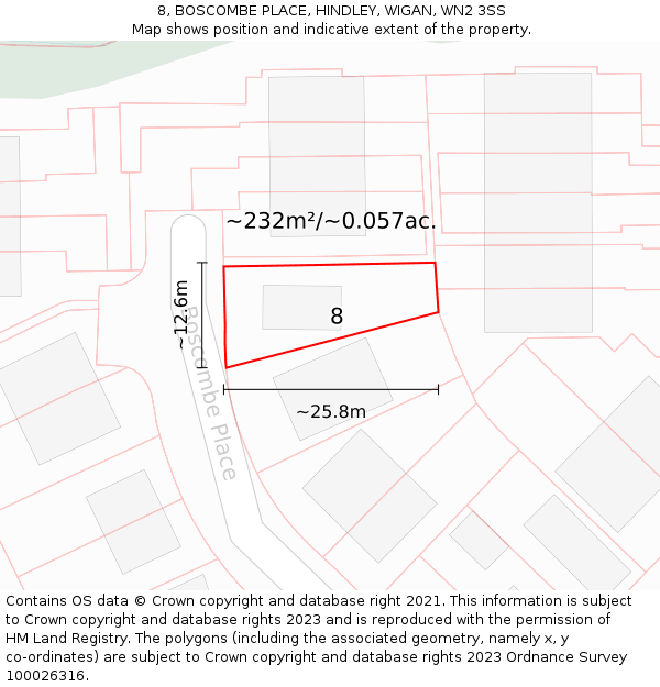 8, BOSCOMBE PLACE, HINDLEY, WIGAN, WN2 3SS: Plot and title map