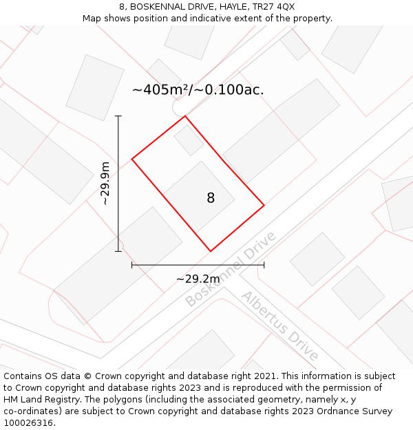 8, BOSKENNAL DRIVE, HAYLE, TR27 4QX: Plot and title map