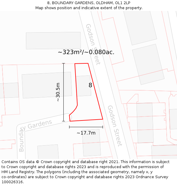 8, BOUNDARY GARDENS, OLDHAM, OL1 2LP: Plot and title map