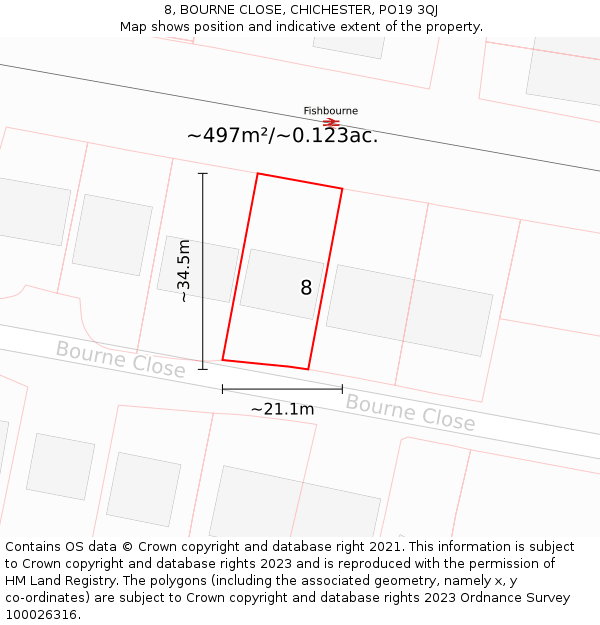 8, BOURNE CLOSE, CHICHESTER, PO19 3QJ: Plot and title map