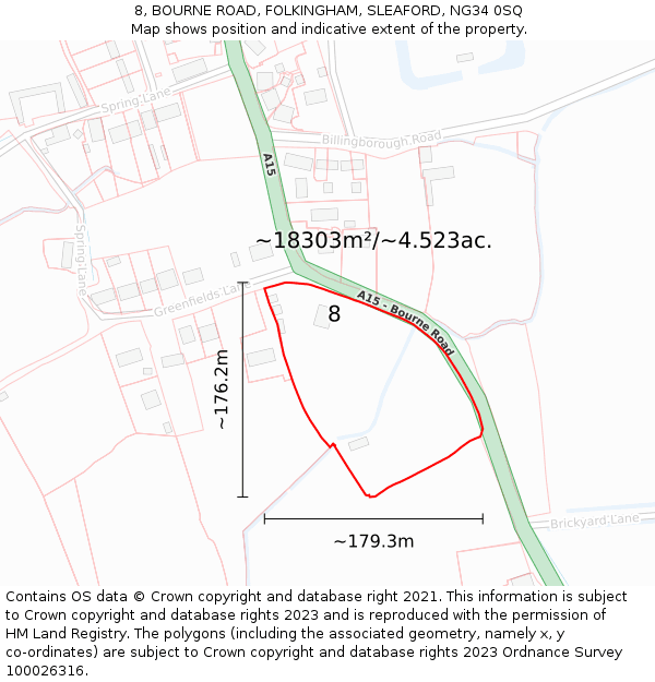 8, BOURNE ROAD, FOLKINGHAM, SLEAFORD, NG34 0SQ: Plot and title map