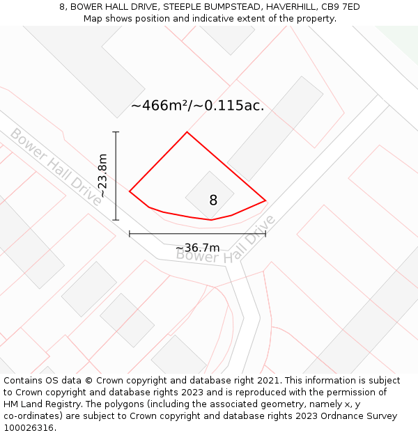 8, BOWER HALL DRIVE, STEEPLE BUMPSTEAD, HAVERHILL, CB9 7ED: Plot and title map