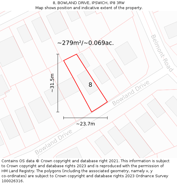 8, BOWLAND DRIVE, IPSWICH, IP8 3RW: Plot and title map