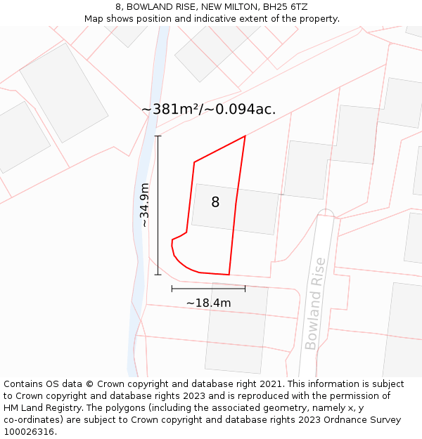 8, BOWLAND RISE, NEW MILTON, BH25 6TZ: Plot and title map
