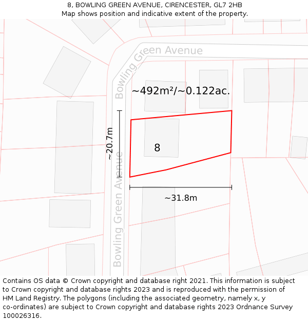 8, BOWLING GREEN AVENUE, CIRENCESTER, GL7 2HB: Plot and title map