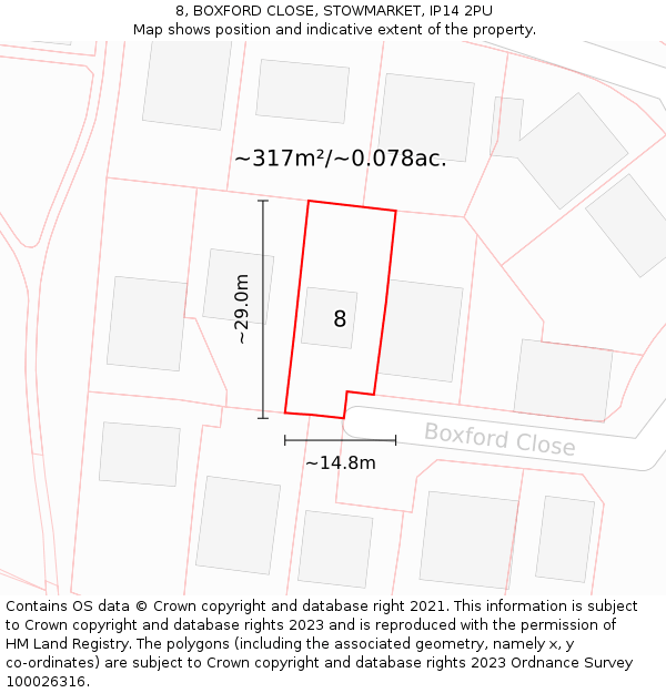 8, BOXFORD CLOSE, STOWMARKET, IP14 2PU: Plot and title map