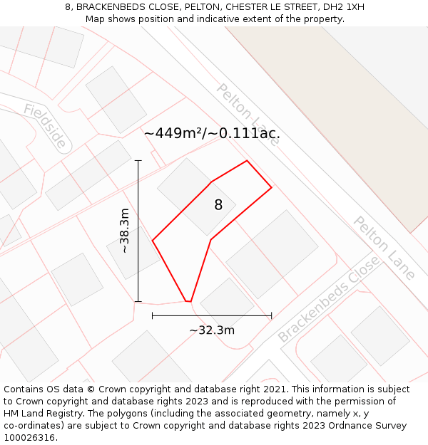 8, BRACKENBEDS CLOSE, PELTON, CHESTER LE STREET, DH2 1XH: Plot and title map