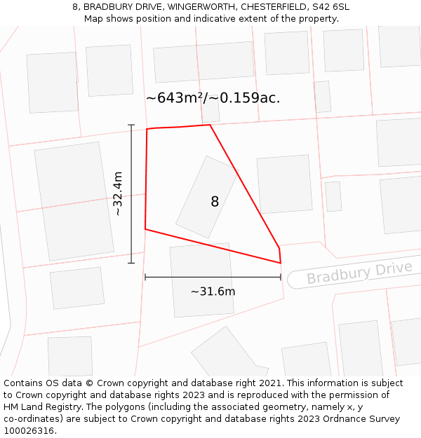 8, BRADBURY DRIVE, WINGERWORTH, CHESTERFIELD, S42 6SL: Plot and title map