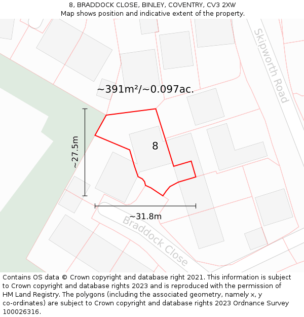 8, BRADDOCK CLOSE, BINLEY, COVENTRY, CV3 2XW: Plot and title map