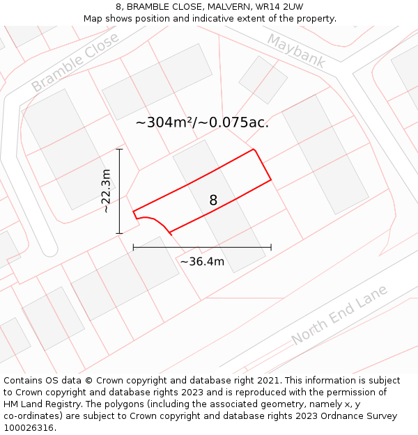 8, BRAMBLE CLOSE, MALVERN, WR14 2UW: Plot and title map