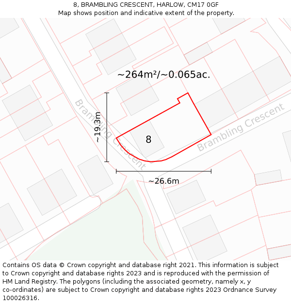 8, BRAMBLING CRESCENT, HARLOW, CM17 0GF: Plot and title map