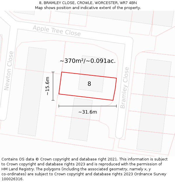 8, BRAMLEY CLOSE, CROWLE, WORCESTER, WR7 4BN: Plot and title map