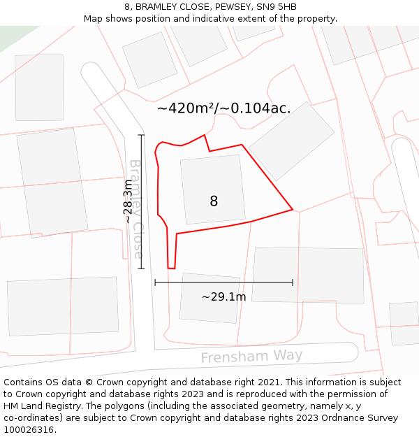 8, BRAMLEY CLOSE, PEWSEY, SN9 5HB: Plot and title map