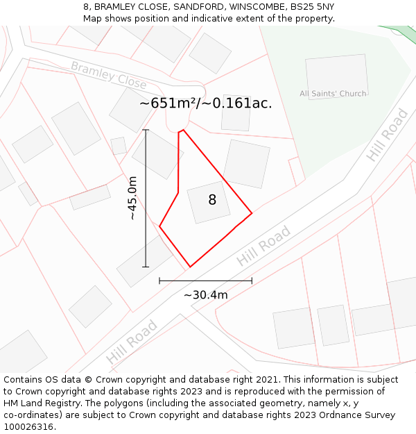 8, BRAMLEY CLOSE, SANDFORD, WINSCOMBE, BS25 5NY: Plot and title map