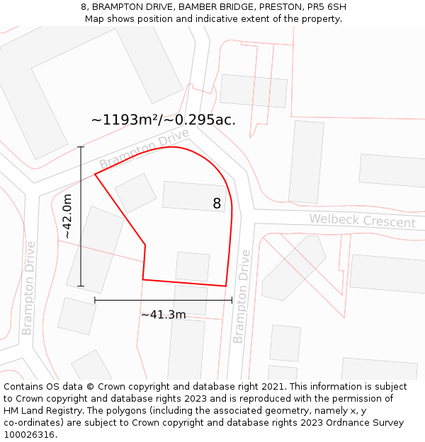 8, BRAMPTON DRIVE, BAMBER BRIDGE, PRESTON, PR5 6SH: Plot and title map