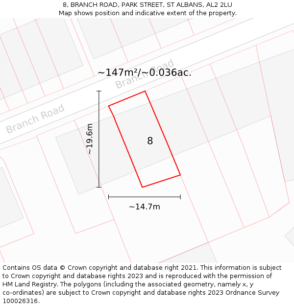 8, BRANCH ROAD, PARK STREET, ST ALBANS, AL2 2LU: Plot and title map