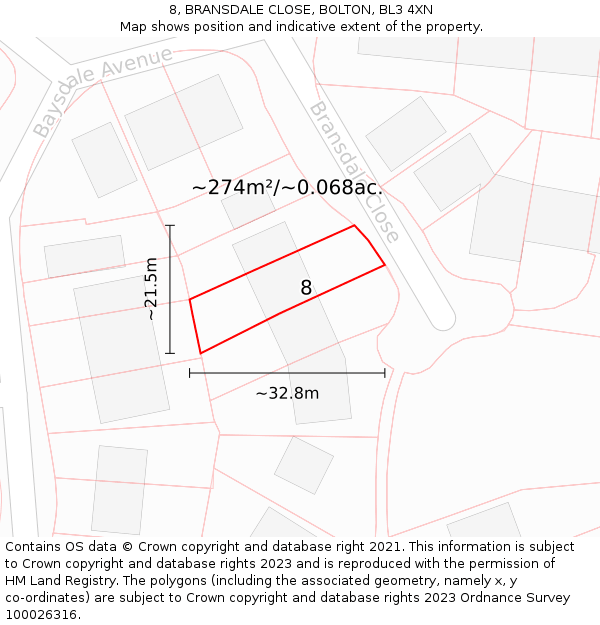 8, BRANSDALE CLOSE, BOLTON, BL3 4XN: Plot and title map