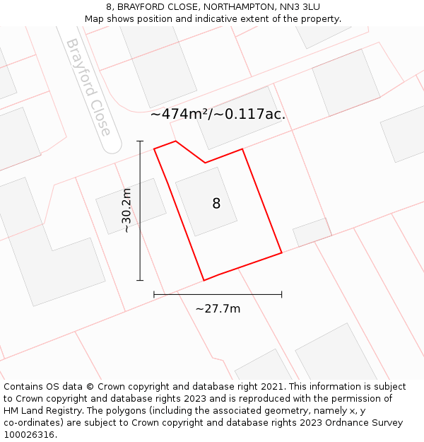 8, BRAYFORD CLOSE, NORTHAMPTON, NN3 3LU: Plot and title map