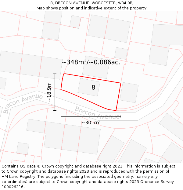 8, BRECON AVENUE, WORCESTER, WR4 0RJ: Plot and title map