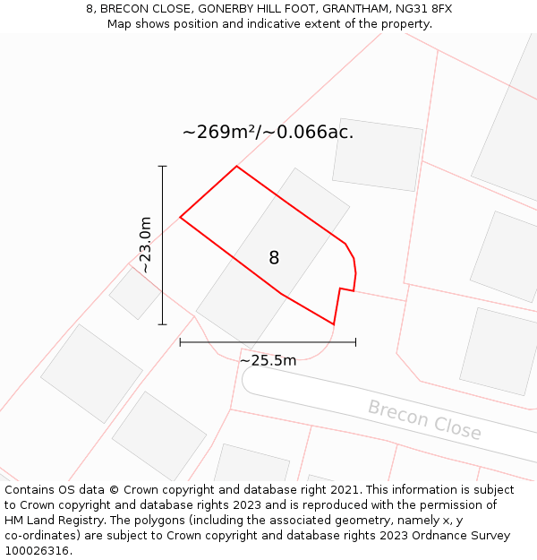 8, BRECON CLOSE, GONERBY HILL FOOT, GRANTHAM, NG31 8FX: Plot and title map