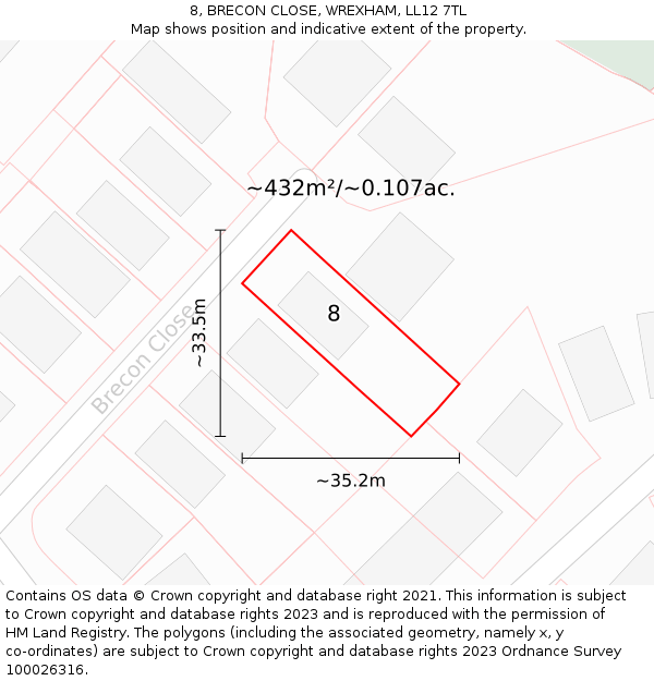 8, BRECON CLOSE, WREXHAM, LL12 7TL: Plot and title map