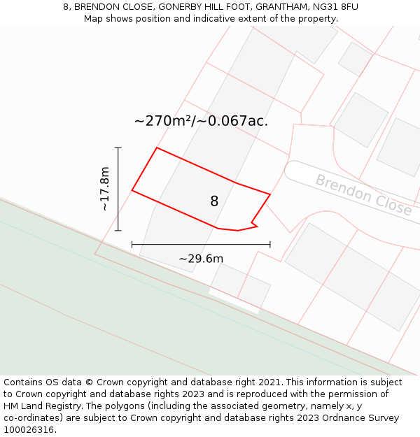 8, BRENDON CLOSE, GONERBY HILL FOOT, GRANTHAM, NG31 8FU: Plot and title map