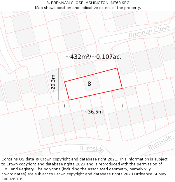 8, BRENNAN CLOSE, ASHINGTON, NE63 9EG: Plot and title map