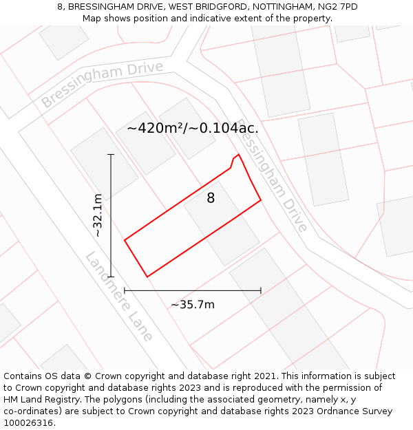 8, BRESSINGHAM DRIVE, WEST BRIDGFORD, NOTTINGHAM, NG2 7PD: Plot and title map