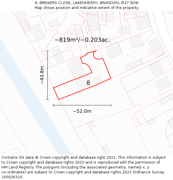 8, BREWERS CLOSE, LAKENHEATH, BRANDON, IP27 9DW: Plot and title map