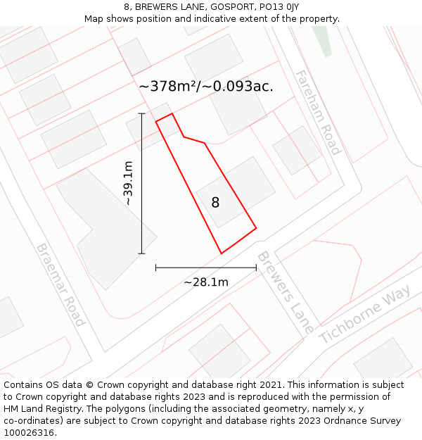 8, BREWERS LANE, GOSPORT, PO13 0JY: Plot and title map