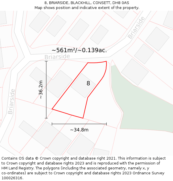 8, BRIARSIDE, BLACKHILL, CONSETT, DH8 0AS: Plot and title map