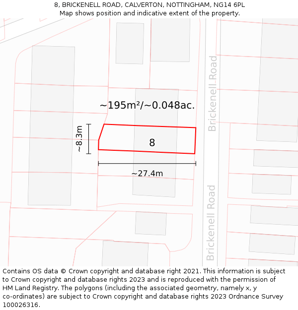 8, BRICKENELL ROAD, CALVERTON, NOTTINGHAM, NG14 6PL: Plot and title map